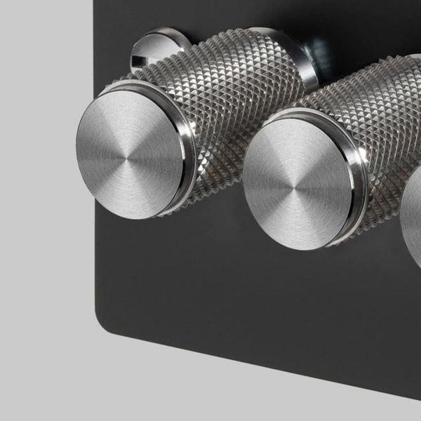 Four Gang 2-Way Dimmer Light Switch in Black & Steel with Knurled Knobs
