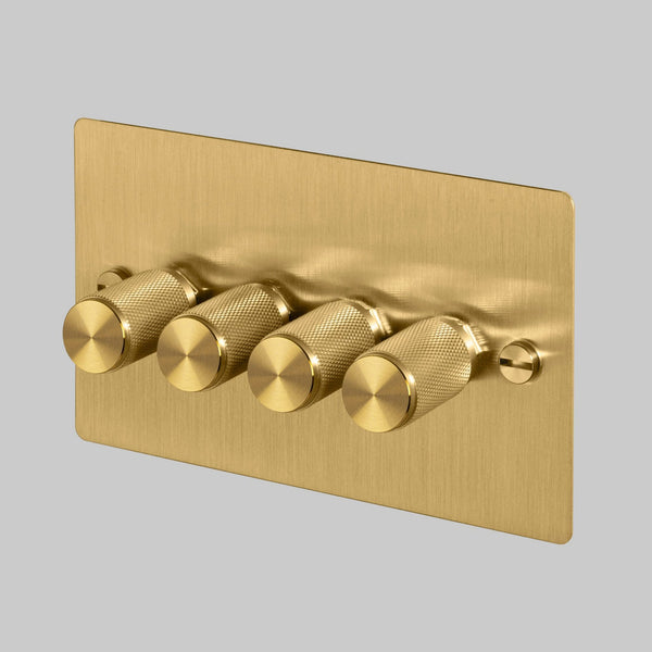 Four Gang 2-Way Dimmer Light Switch in Solid Brass with Knurled Knobs