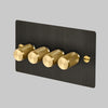 Four Gang 2-Way Dimmer Light Switch in Smoked Bronze & Brass with Knurled Knobs