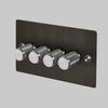 Four Gang 2-Way Dimmer Light Switch in Smoked Bronze & Steel with Knurled Knobs