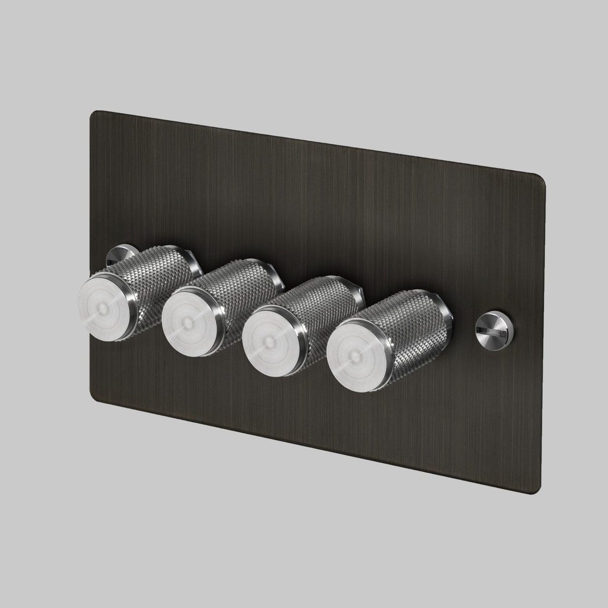 Four Gang 2-Way Dimmer Light Switch in Smoked Bronze & Steel with Knurled Knobs