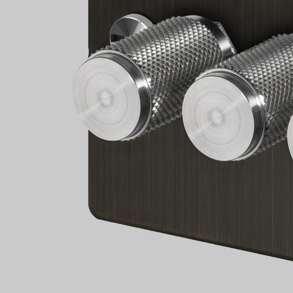 Four Gang 2-Way Dimmer Light Switch in Smoked Bronze & Steel with Knurled Knobs