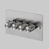 Four Gang 2-Way Dimmer Light Switch in Steel with Knurled Knobs