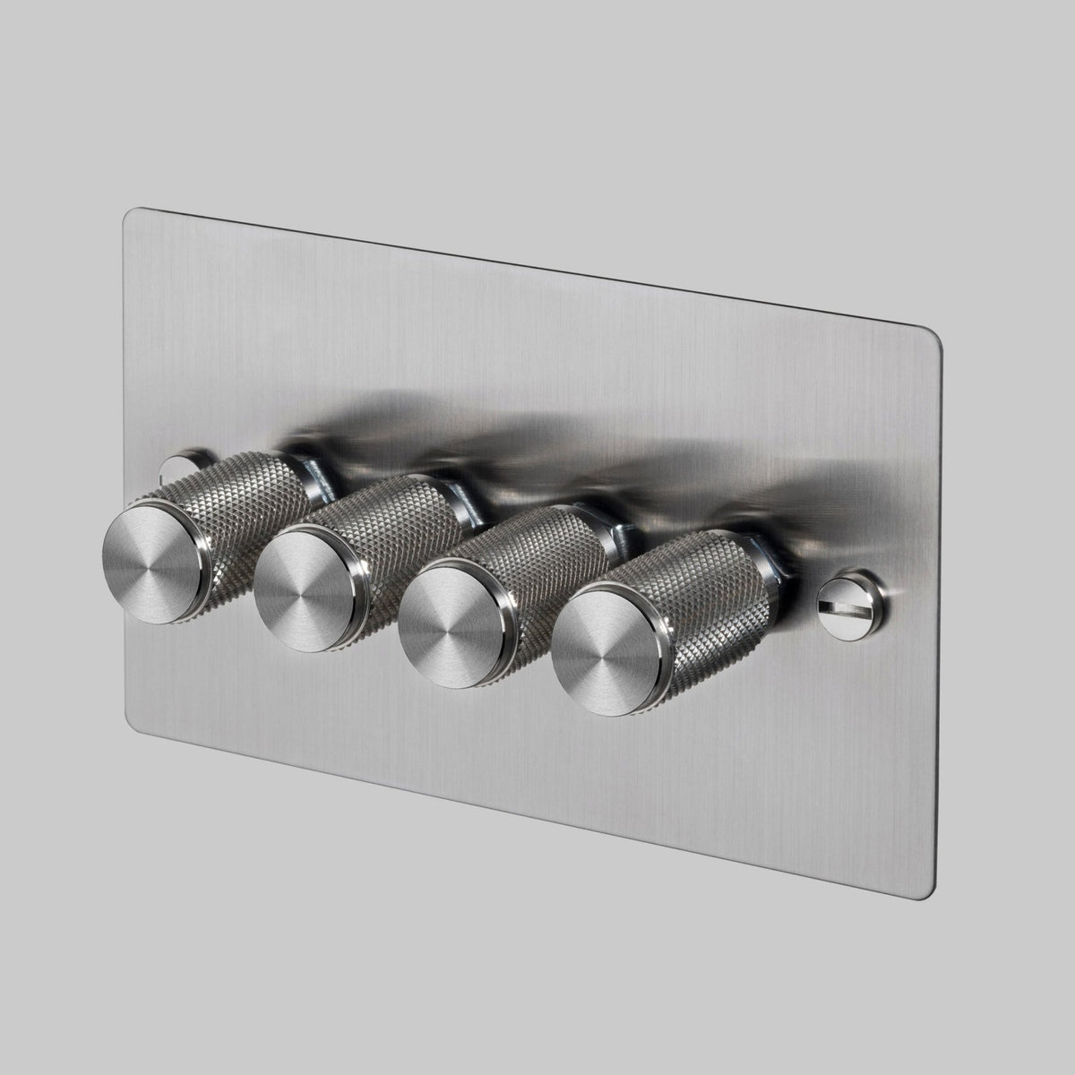 Four Gang 2-Way Dimmer Light Switch in Steel with Knurled Knobs