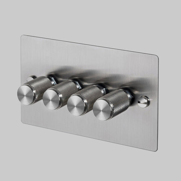 Four Gang 2-Way Dimmer Light Switch in Steel with Knurled Knobs