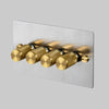 Four Gang 2-Way Dimmer Light Switch in Steel & Brass with Knurled Knobs