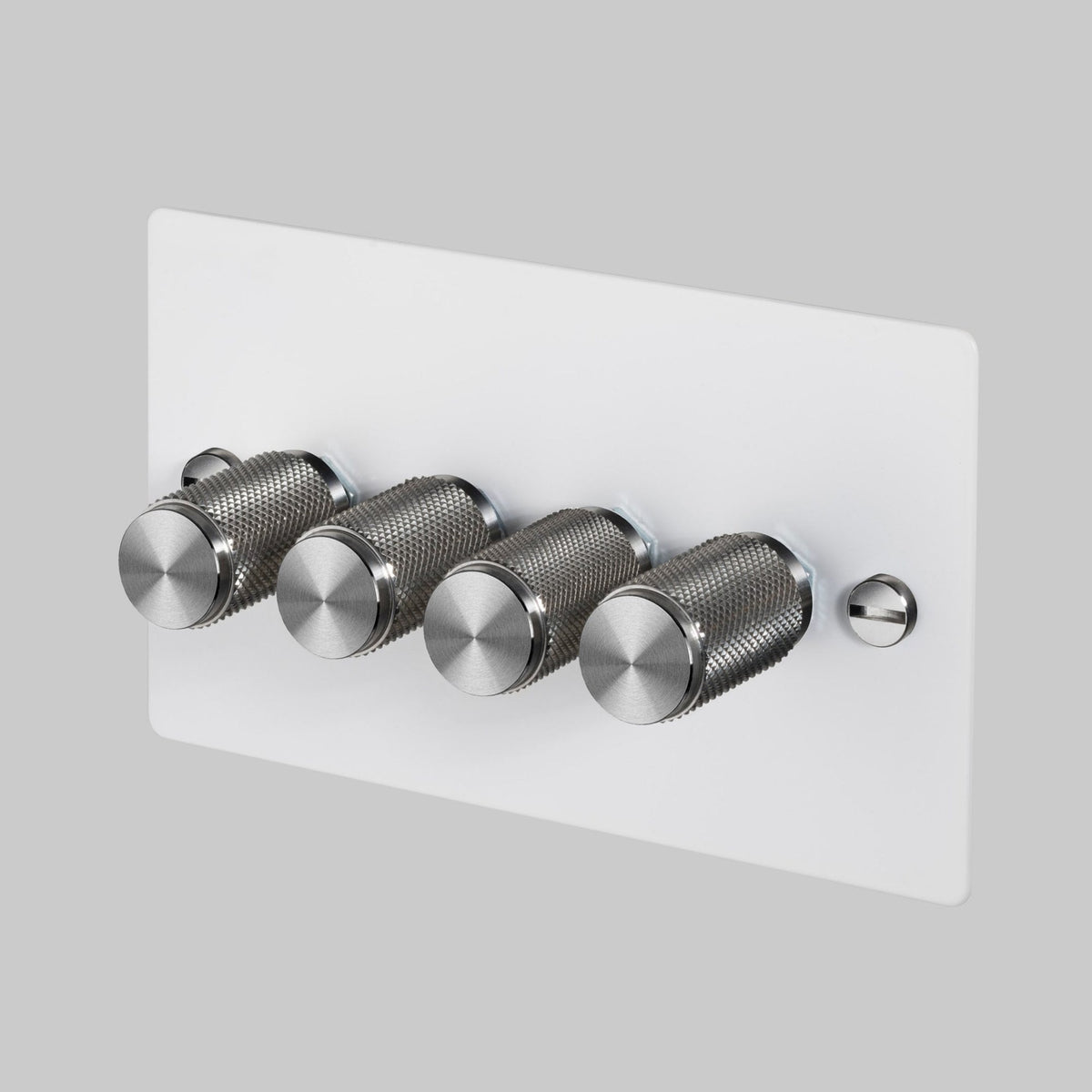Four Gang 2-Way Dimmer Light Switch in White & Steel with Knurled Knobs