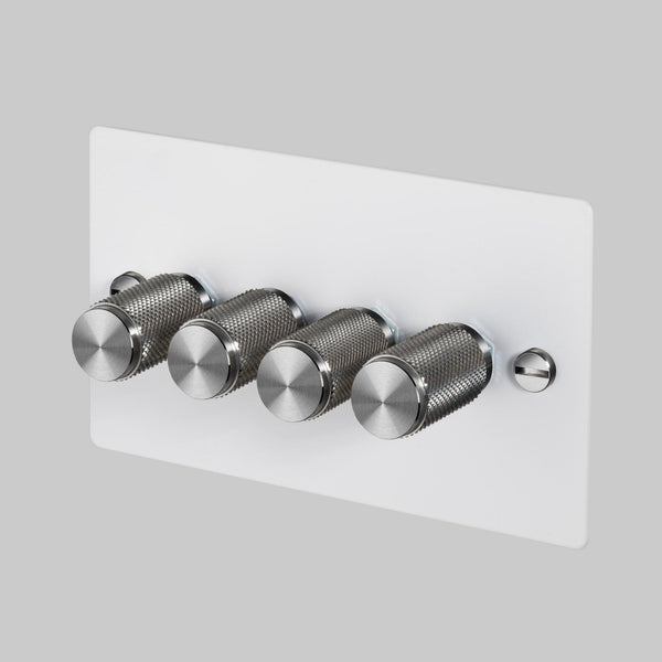 Four Gang 2-Way Dimmer Light Switch in White & Steel with Knurled Knobs