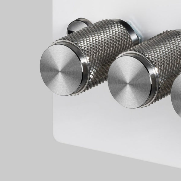 Four Gang 2-Way Dimmer Light Switch in White & Steel with Knurled Knobs