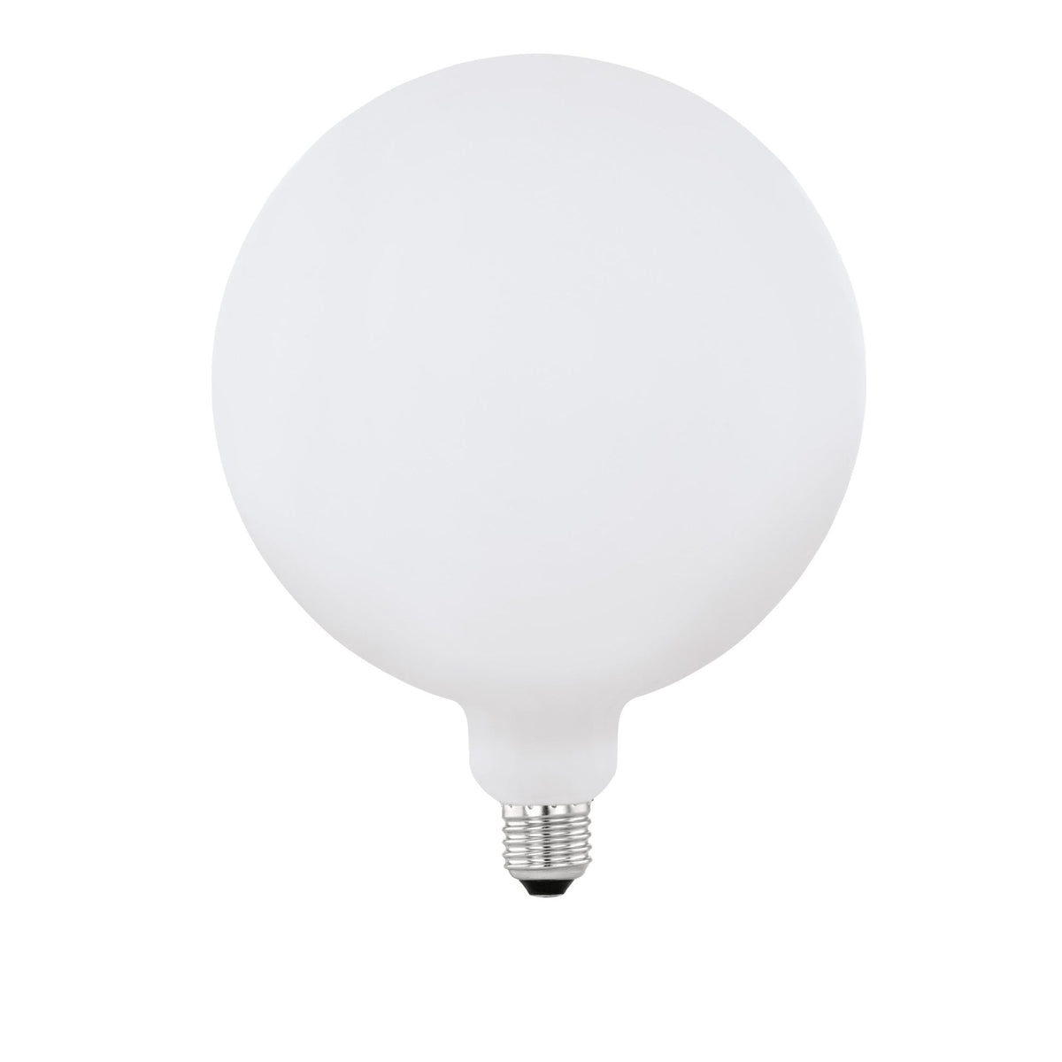 A large, spherical, white light bulb with a silver screw-in base.