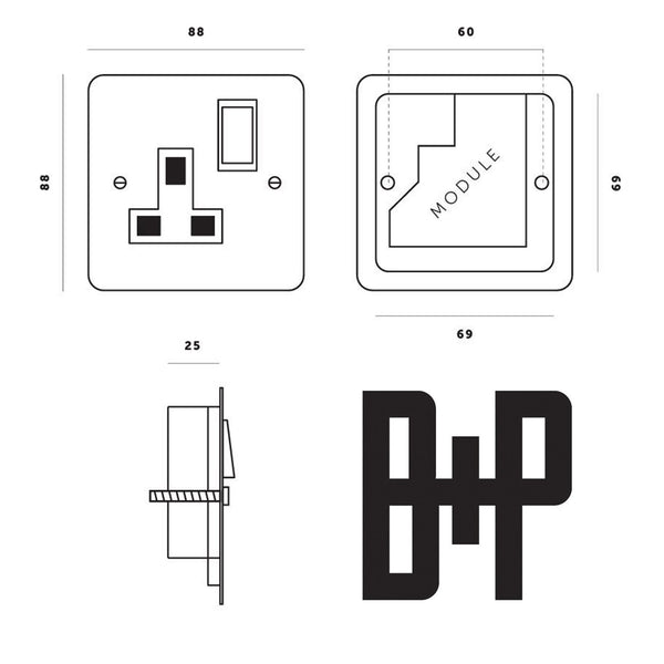 Technical drawing of a single socket outlet with a switch and a module, showing front, side, and internal views.
