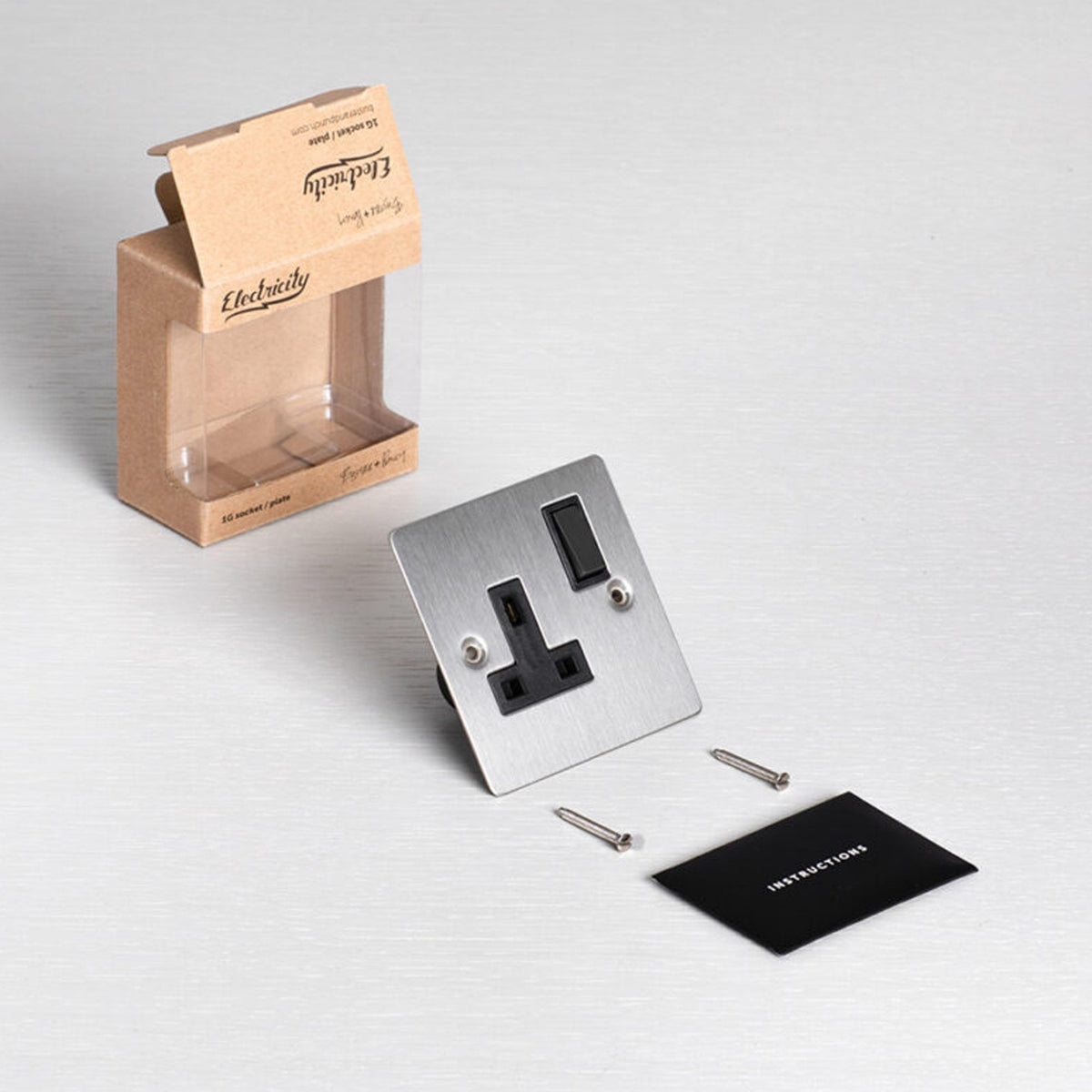 A single socket, screws, and instructions, alongside its open packaging.