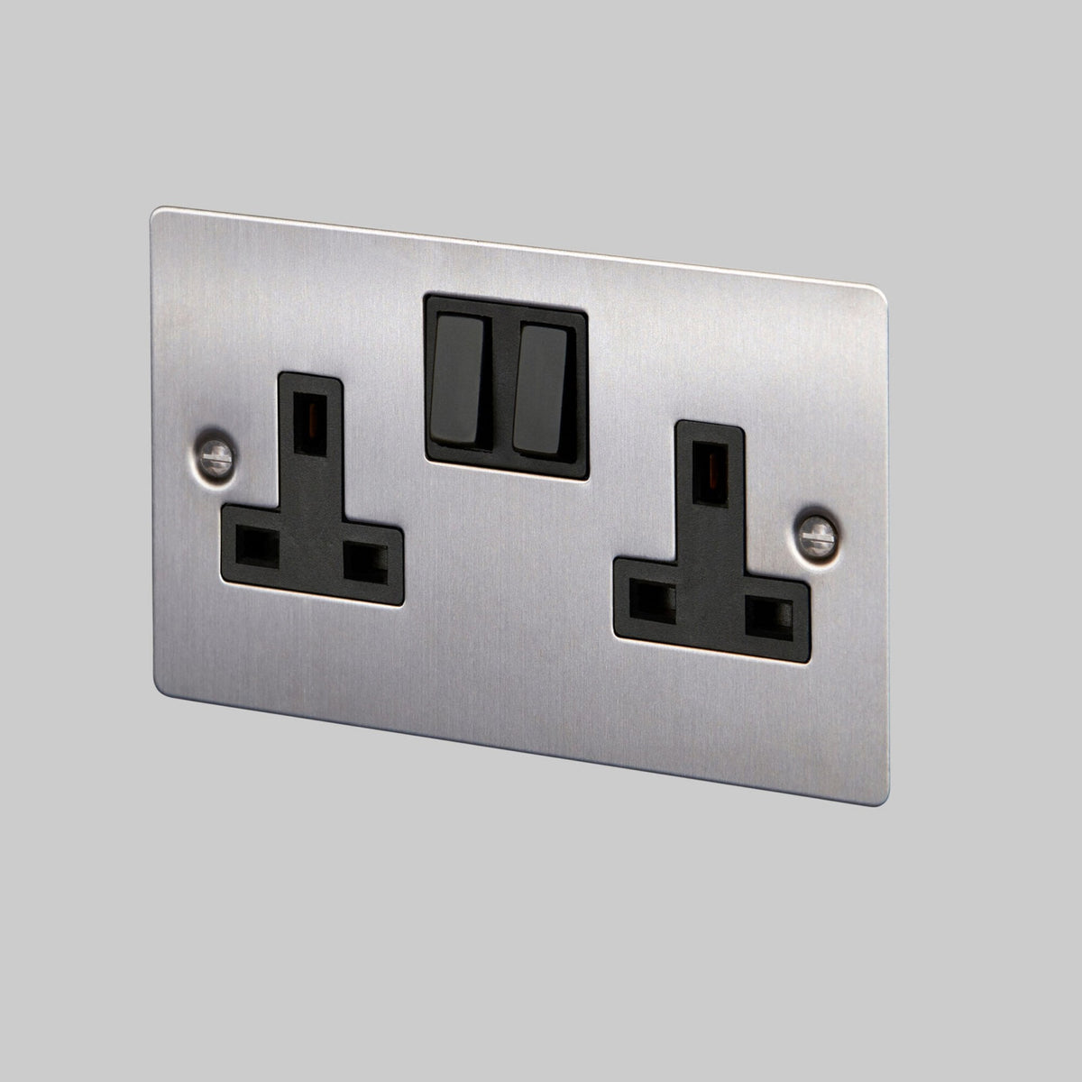 Two Gang 13 Amp Switched Plug Socket In Steel