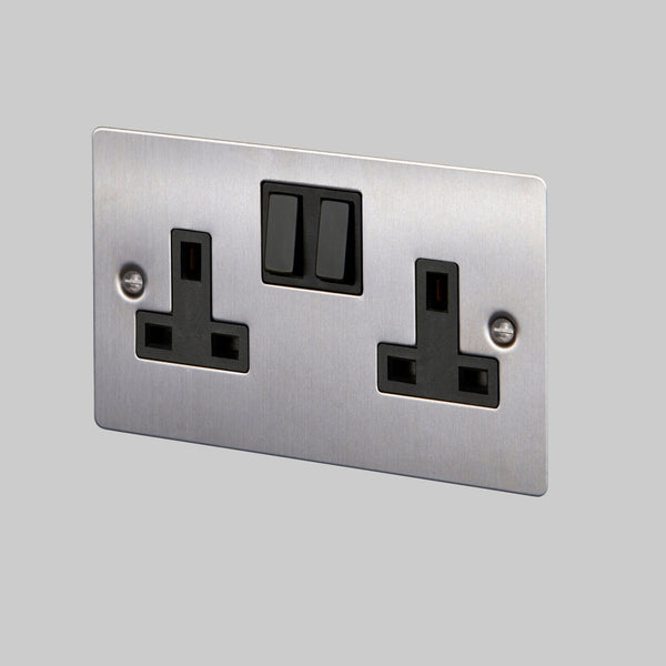 Two Gang 13 Amp Switched Plug Socket In Steel