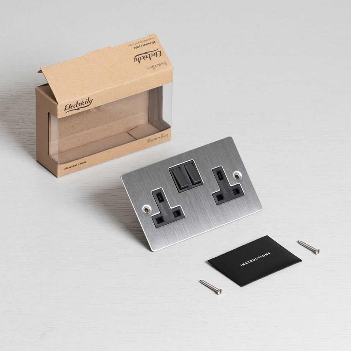 Two Gang 13 Amp Switched Plug Socket In Steel