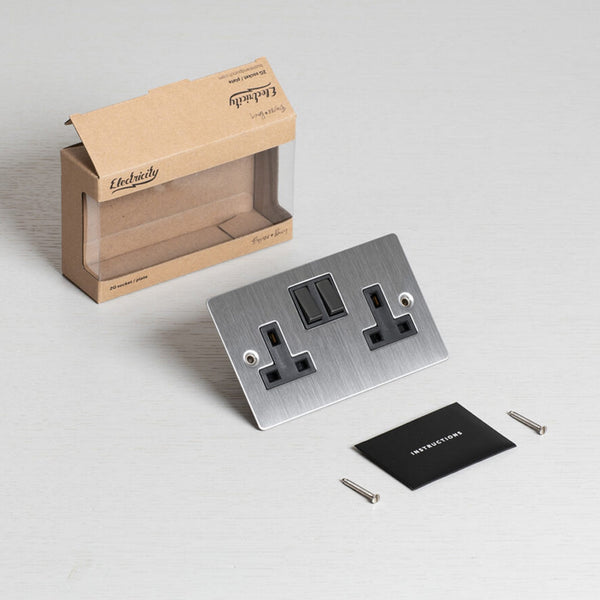 Two Gang 13 Amp Switched Plug Socket In Steel