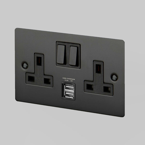 Two Gang 13 Amp Switched Plug Socket With USB In Black