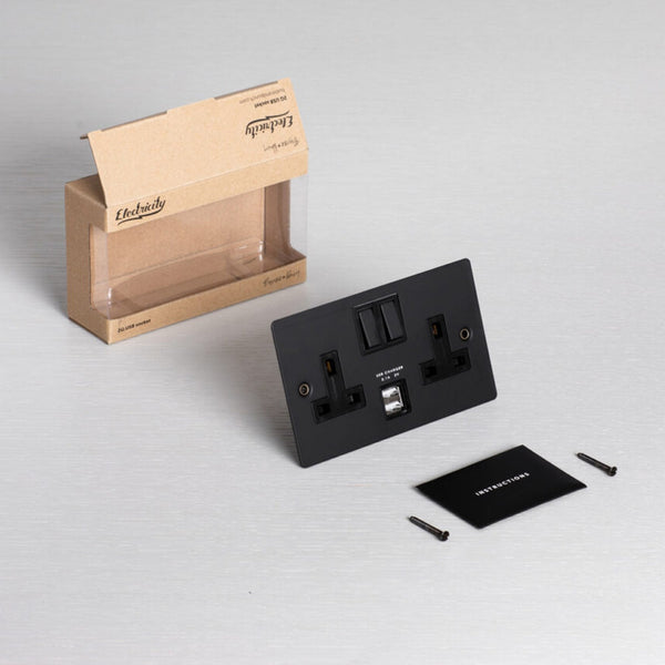 Two Gang 13 Amp Switched Plug Socket With USB In Black