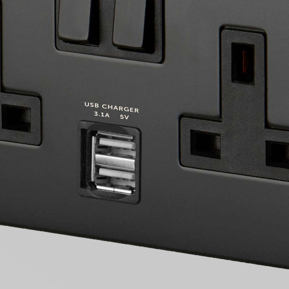 Two Gang 13 Amp Switched Plug Socket With USB In Black