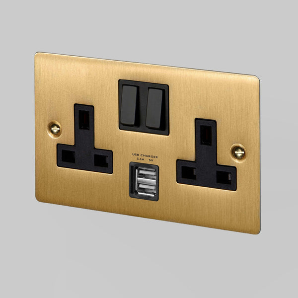 Two Gang 13 Amp Switched Plug Socket With USB In Solid Brass