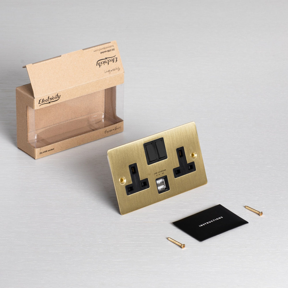 Two Gang 13 Amp Switched Plug Socket With USB In Solid Brass