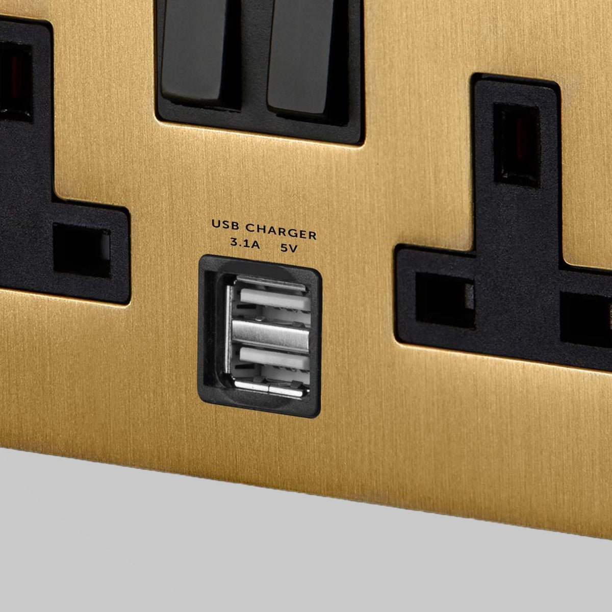 Two Gang 13 Amp Switched Plug Socket With USB In Solid Brass