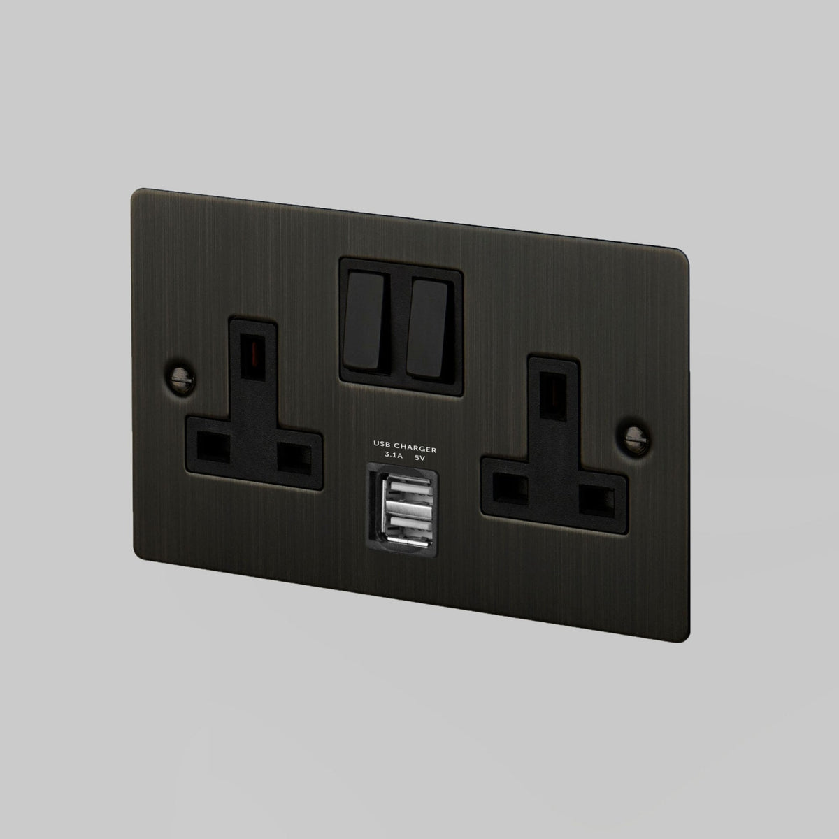 Two Gang 13 Amp Switched Plug Socket With USB In Smoked Bronze