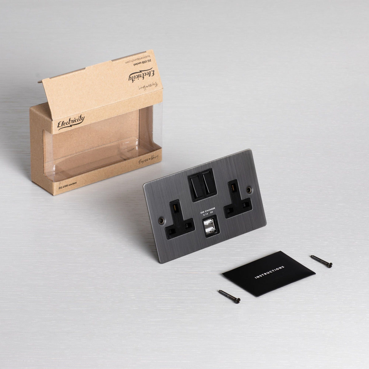 Two Gang 13 Amp Switched Plug Socket With USB In Smoked Bronze