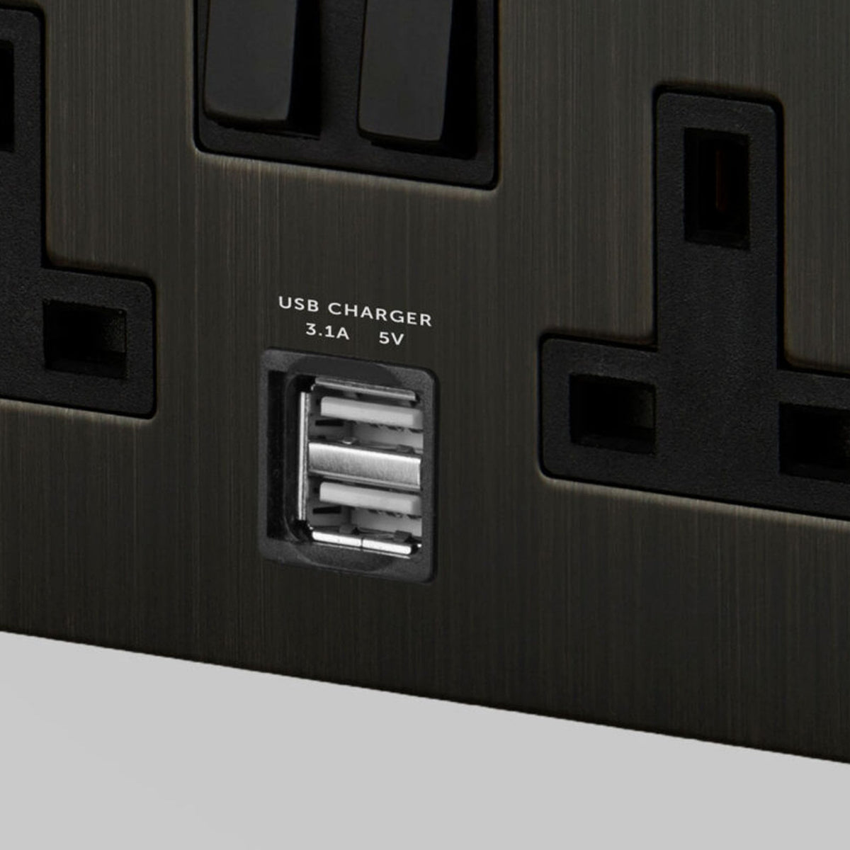 Two Gang 13 Amp Switched Plug Socket With USB In Smoked Bronze