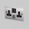 Two Gang 13 Amp Switched Plug Socket With USB In Steel