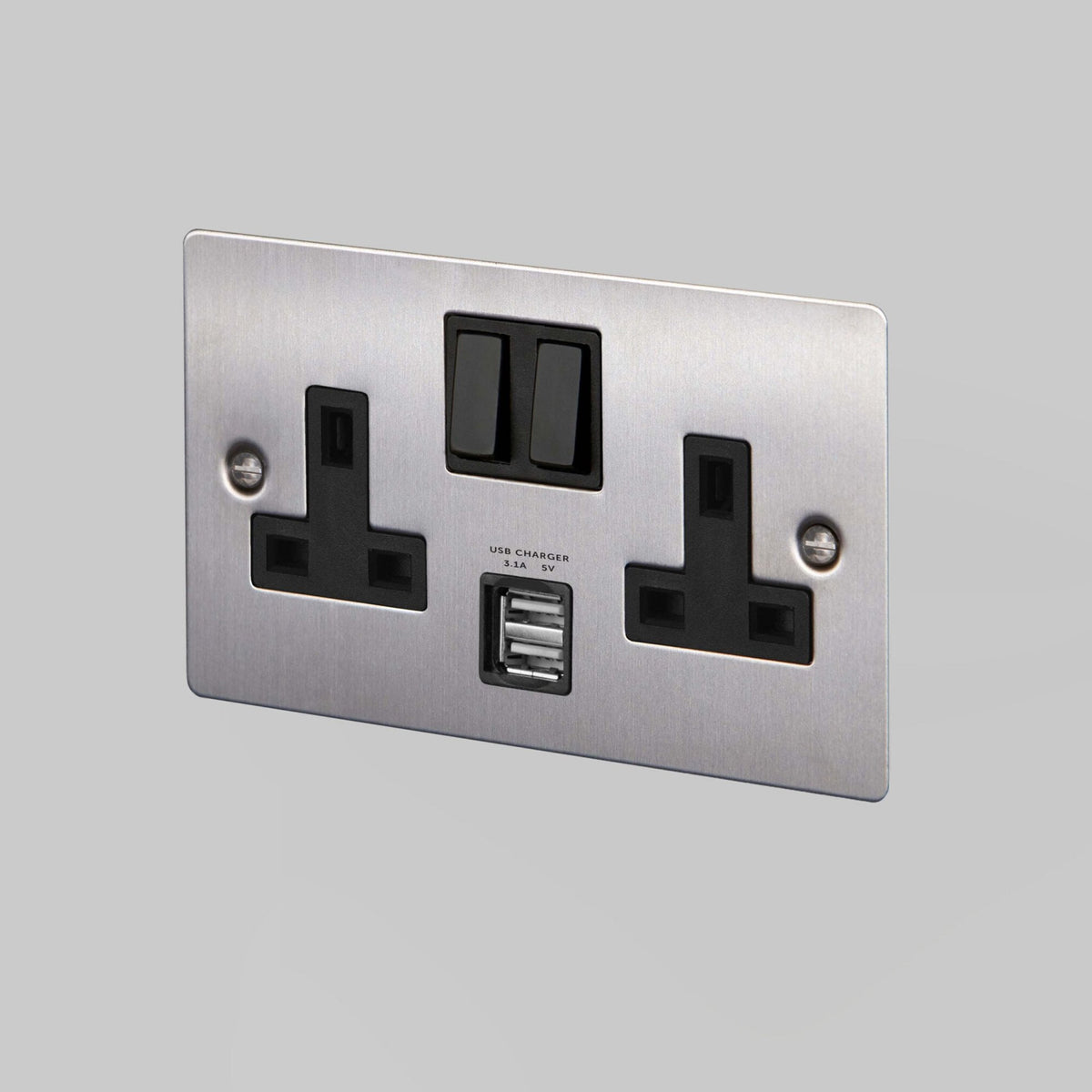Two Gang 13 Amp Switched Plug Socket With USB In Steel