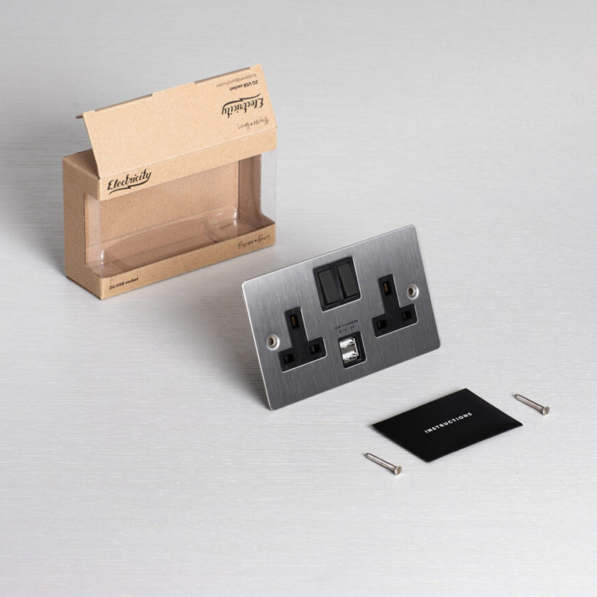 Two Gang 13 Amp Switched Plug Socket With USB In Steel