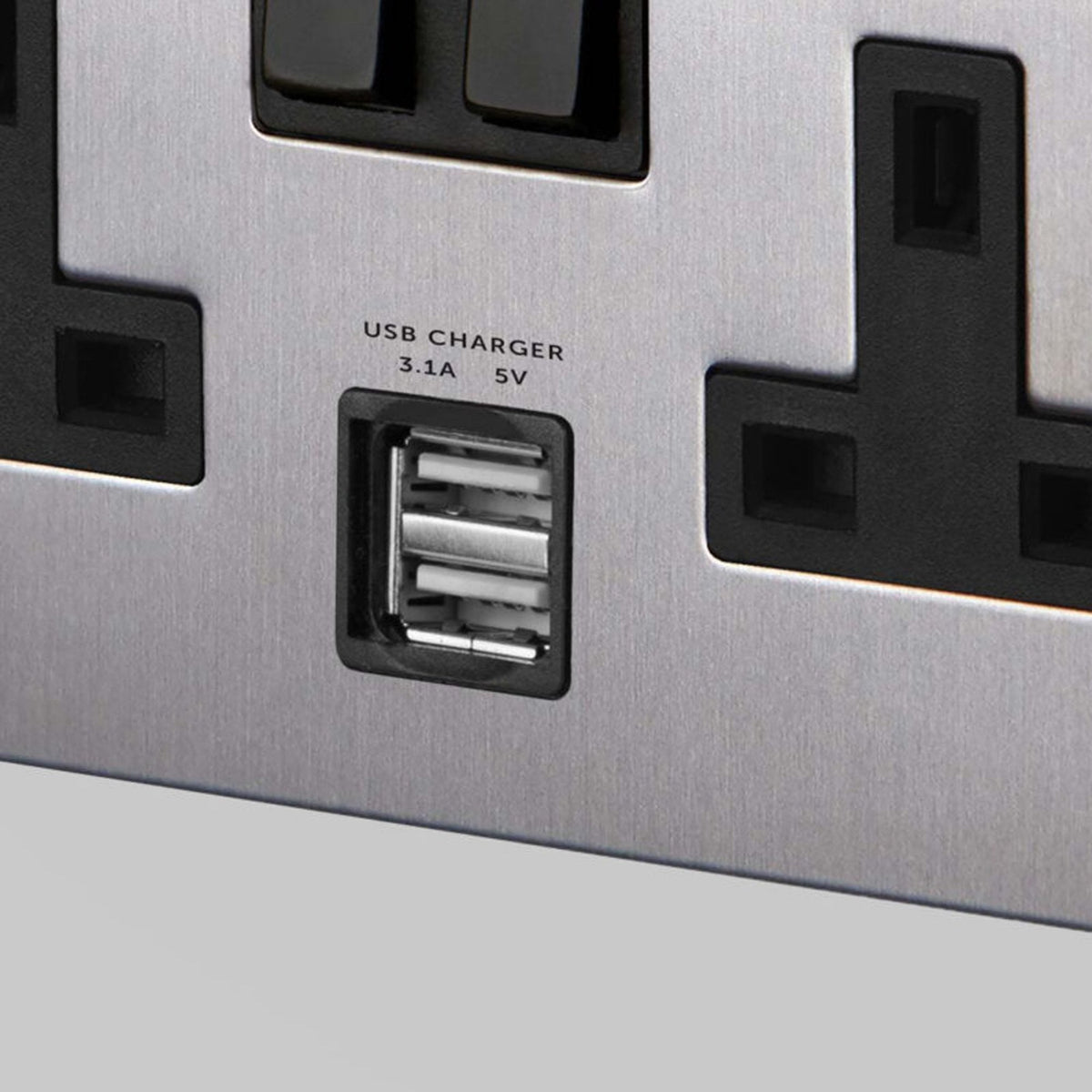 Two Gang 13 Amp Switched Plug Socket With USB In Steel