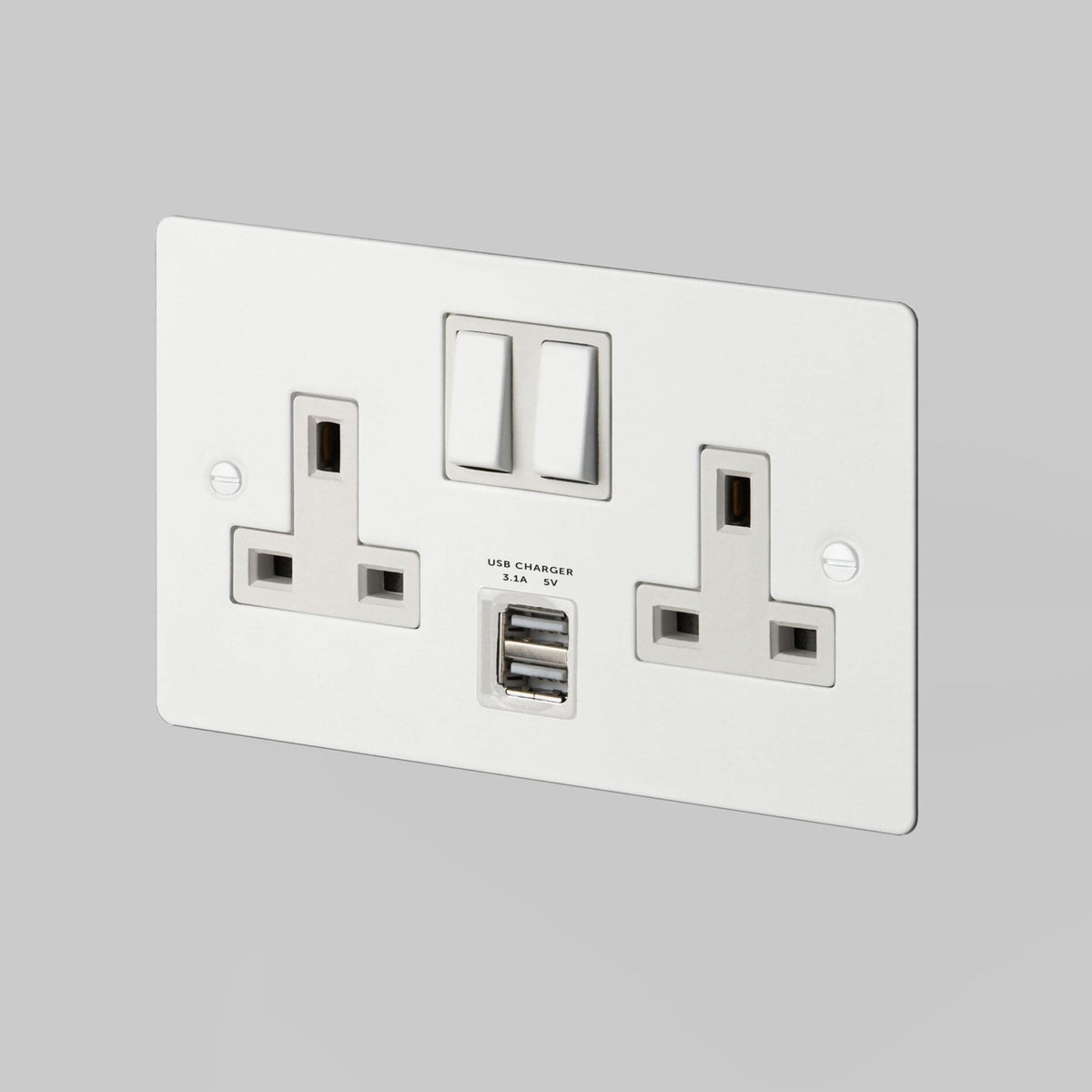 Two Gang 13 Amp Switched Plug Socket With USB In White