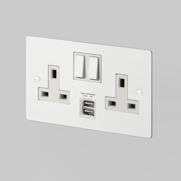 Two Gang 13 Amp Switched Plug Socket With USB In White