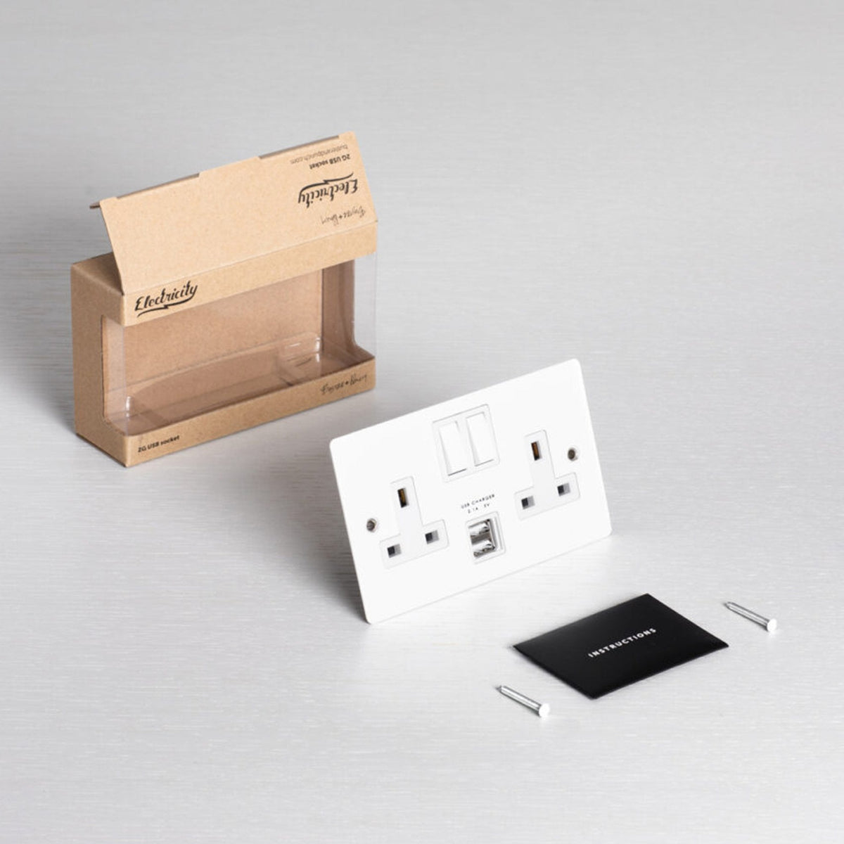 Two Gang 13 Amp Switched Plug Socket With USB In White