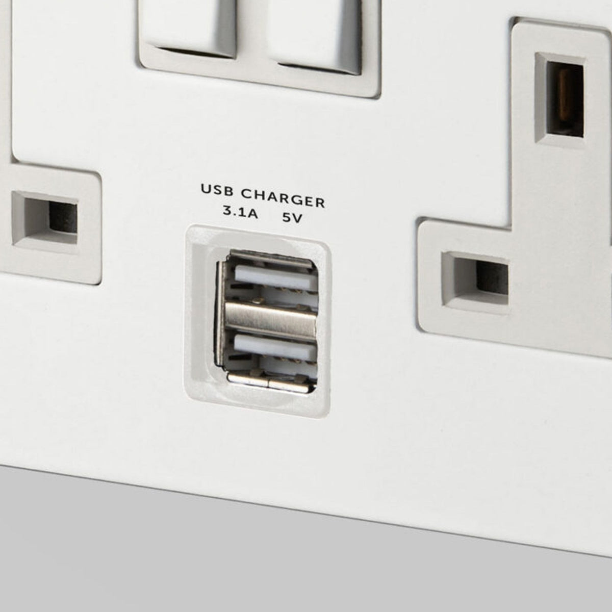 Two Gang 13 Amp Switched Plug Socket With USB In White