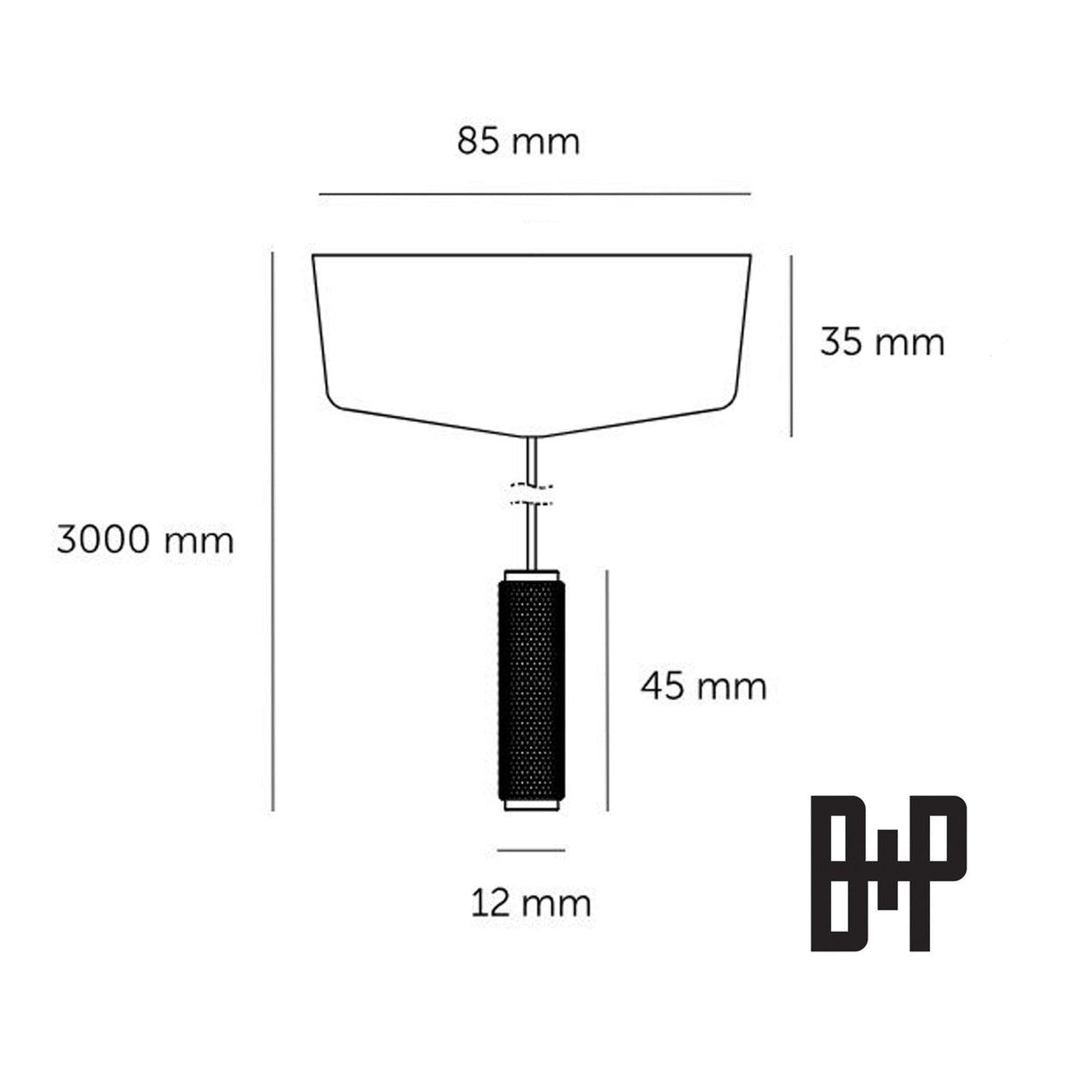 Technical drawing of a pendant light with dimensions. The canopy is 85mm wide and 35mm high. The cable is 3000mm long. The cylindrical light fixture is 12mm wide and 45mm high. The B+P logo is in the bottom right corner.