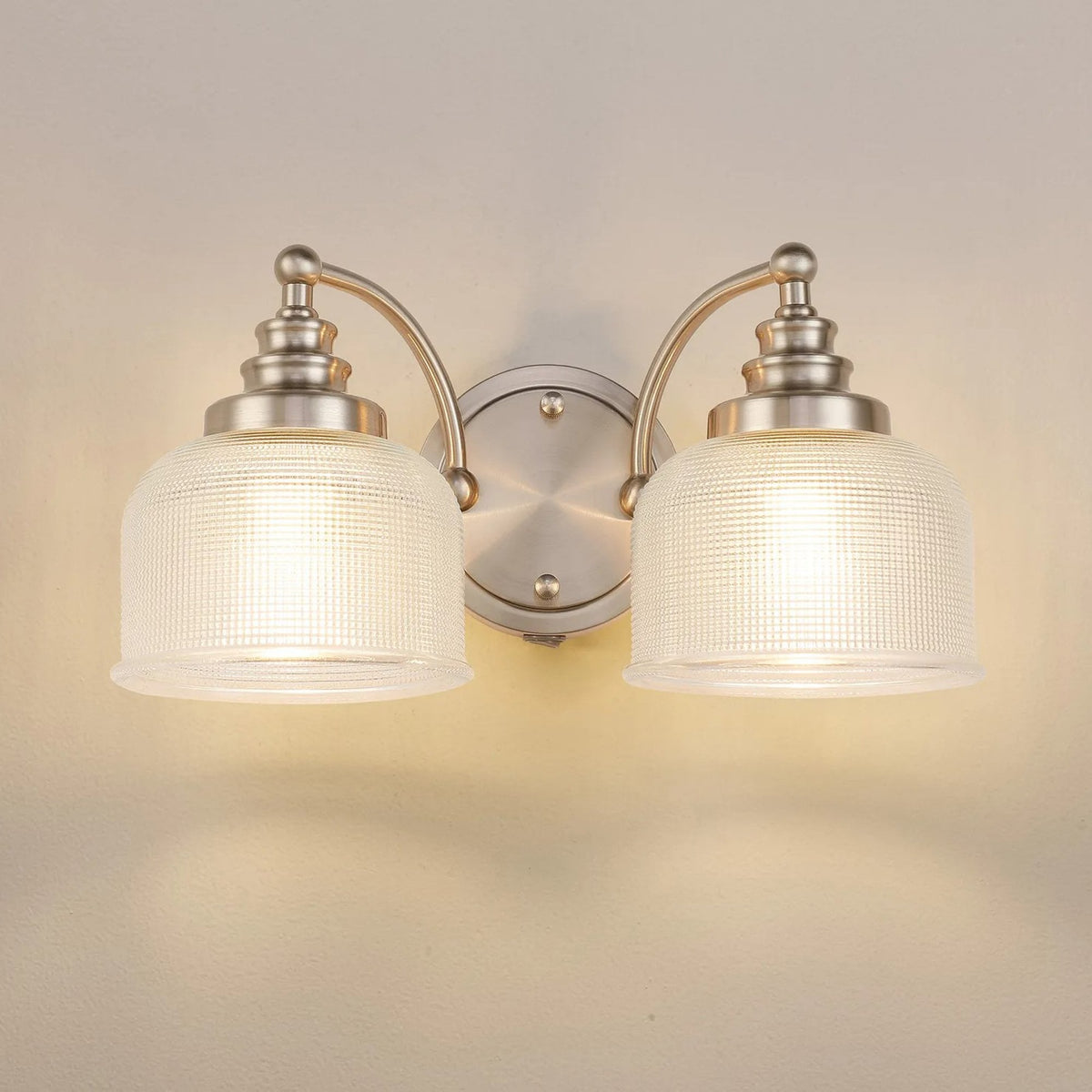 Stowford Switched Twin Wall Light in Satin Nickel & Clear Prismatic Glass