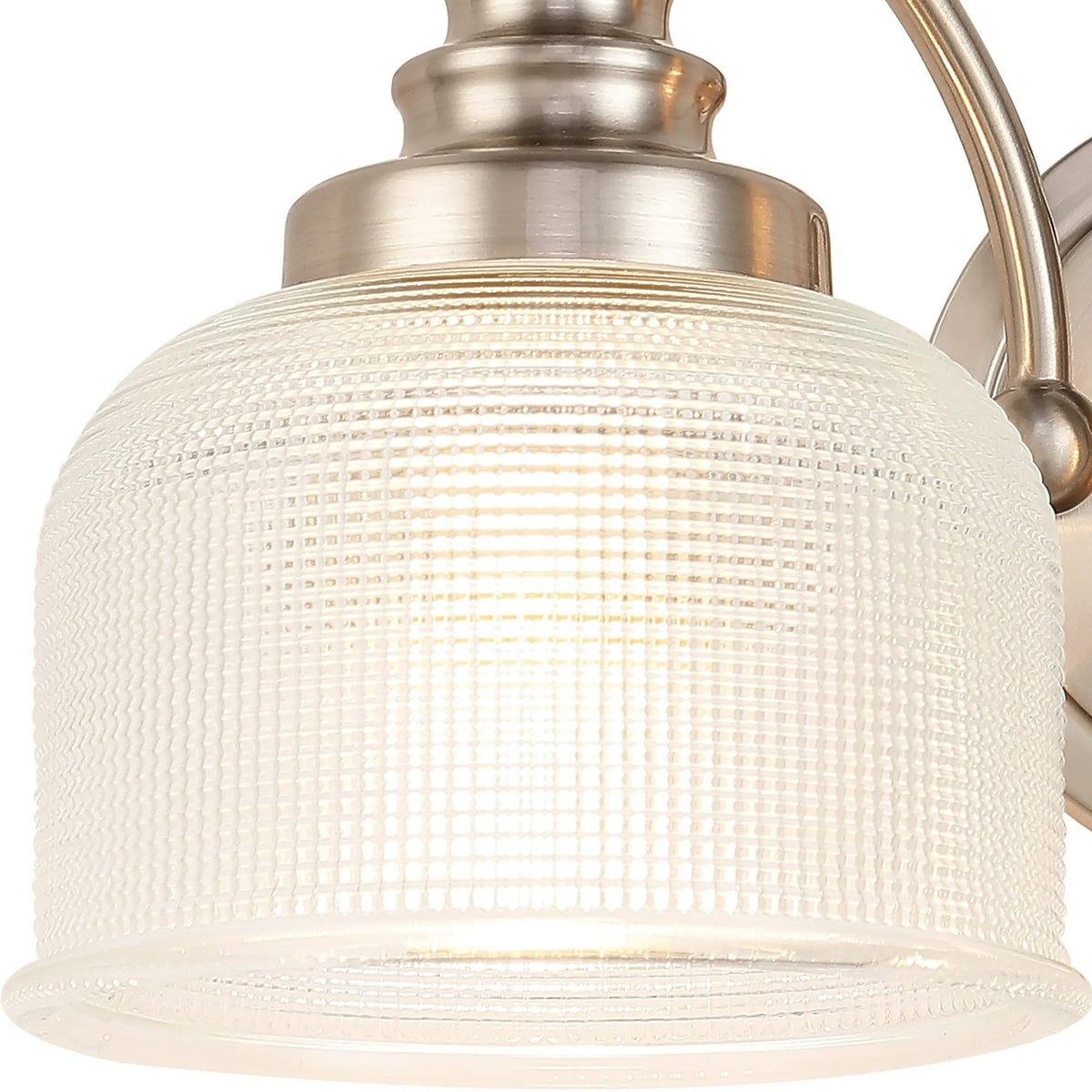 Stowford Switched Twin Wall Light in Satin Nickel & Clear Prismatic Glass