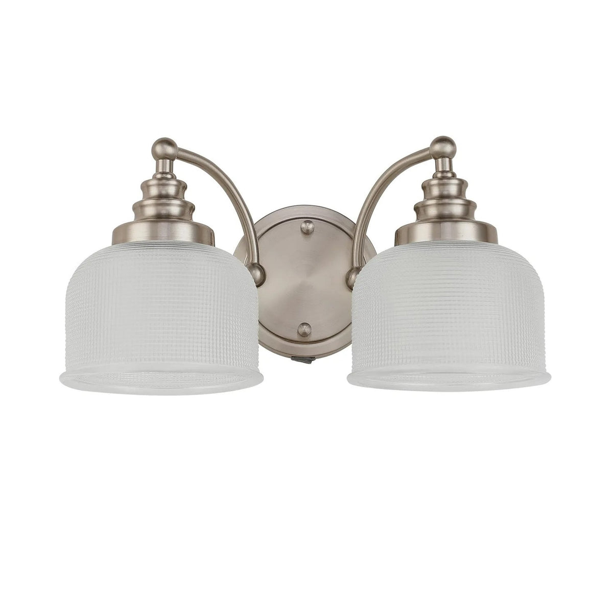 Stowford Switched Twin Wall Light in Satin Nickel & Clear Prismatic Glass