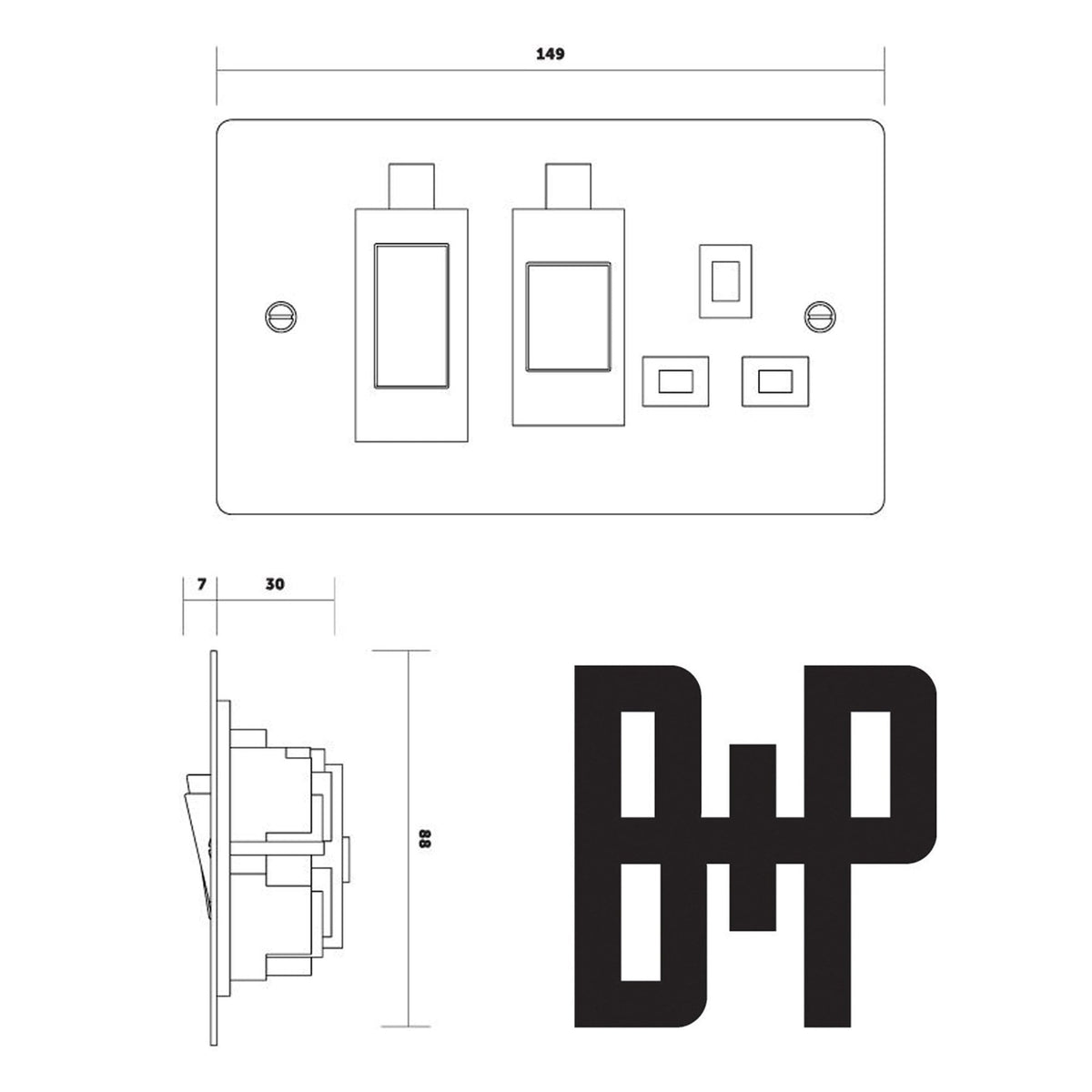 Technical drawing of a double light switch with two large switches and three smaller ones, with dimensions.