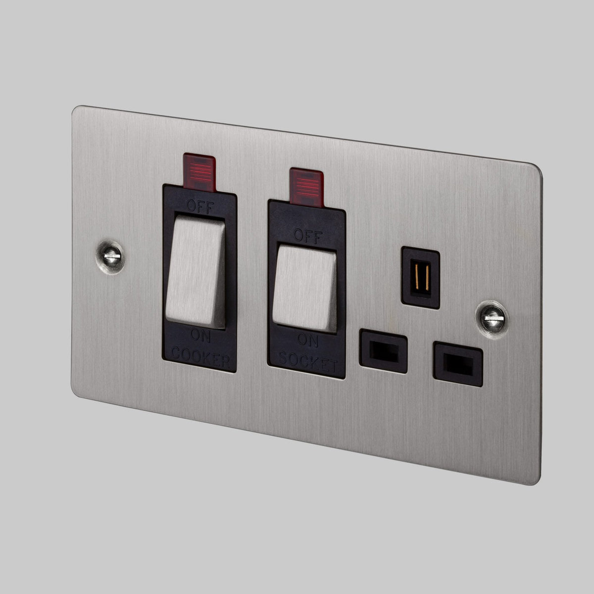 Brushed chrome double pole cooker switch with two switches and two USB sockets.