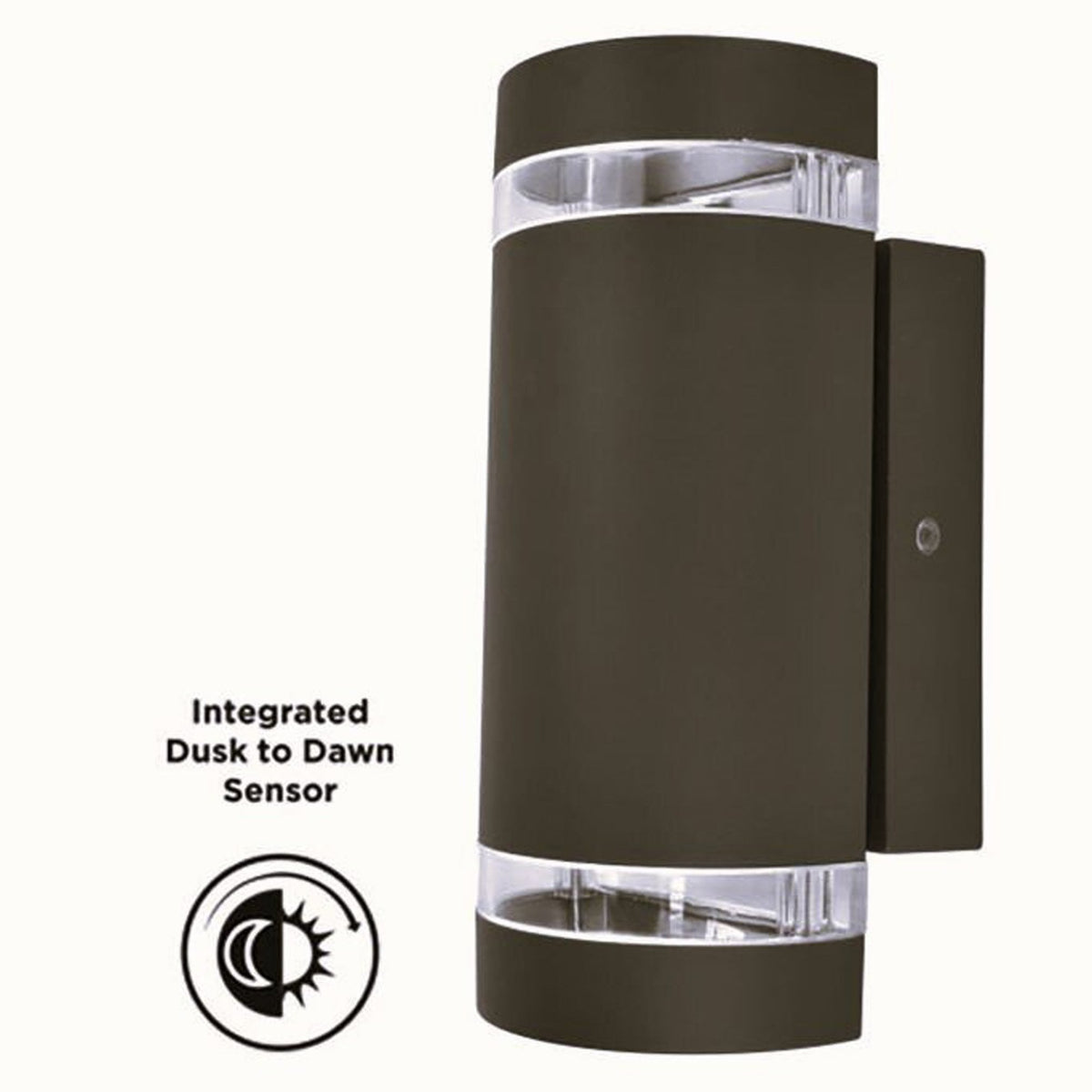 Dark brown cylindrical outdoor wall light with clear bands at top and bottom, featuring a dusk to dawn sensor.
