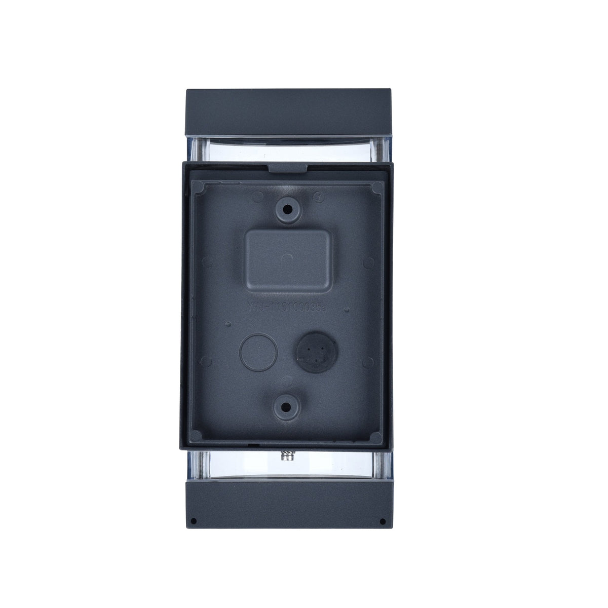 An up-down outdoor wall light with its front cover removed, showing internal wiring.