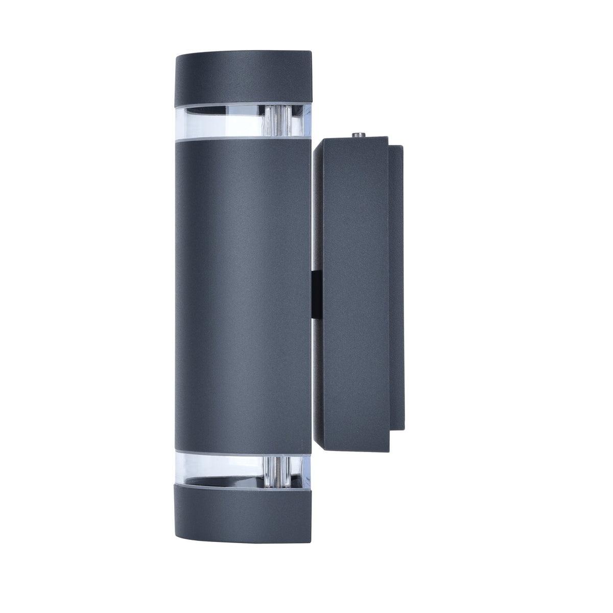 A black up-down outdoor wall light with clear bands, shown against a white background.