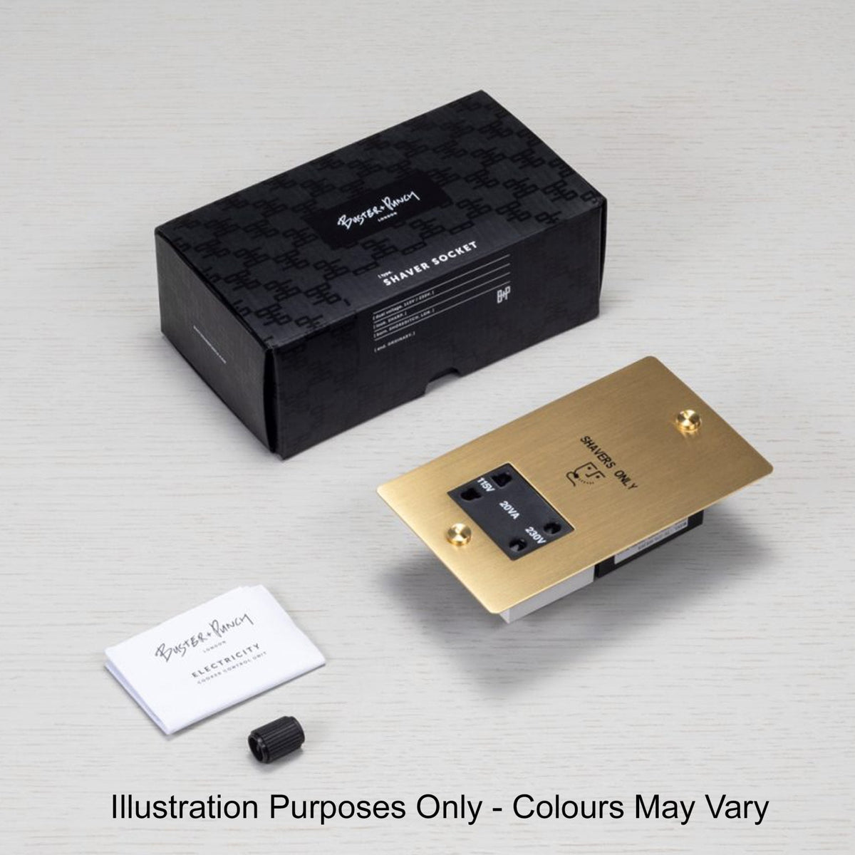 A brass shaver socket with black packaging and instruction manual.