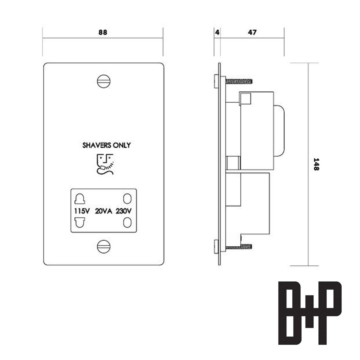 Technical drawing of a shaver socket, front and side view, with dimensions 88x148x47mm. It says SHAVERS ONLY.