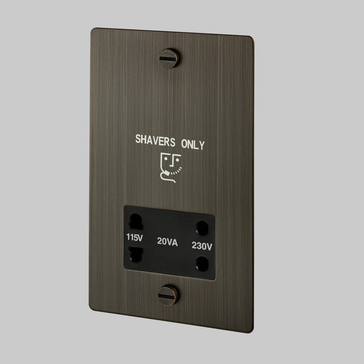 Brushed bronze shaver socket with black insert, labeled 115V, 20VA, 230V, and Shavers Only.