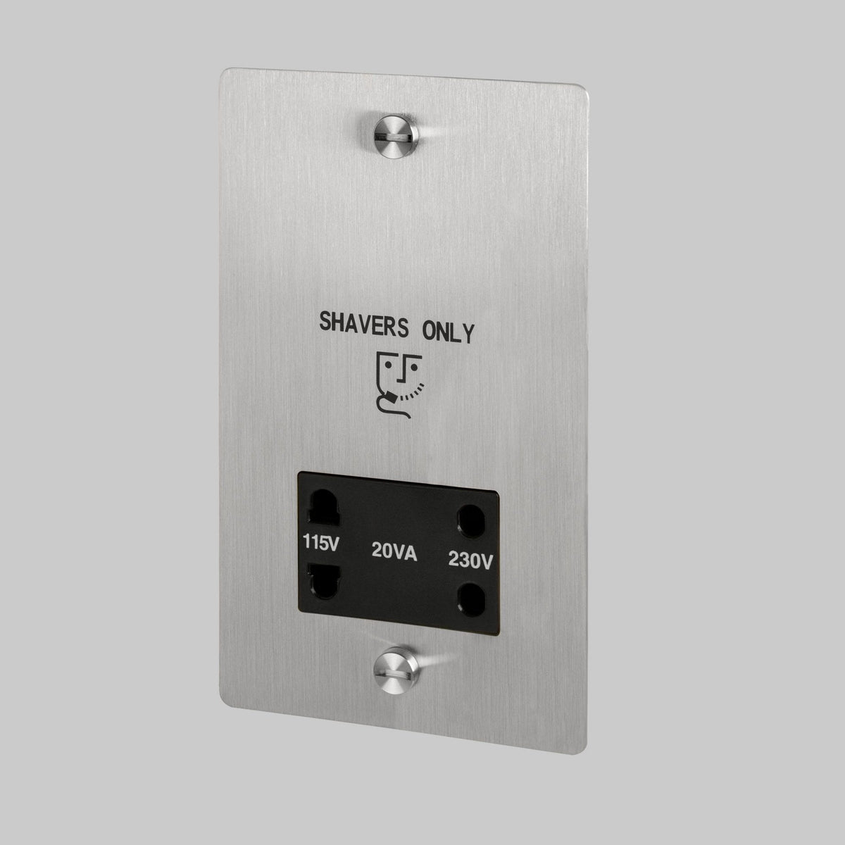 Brushed metal shaver socket with black insert, labeled 115V, 20VA, 230V, and Shaver Only.